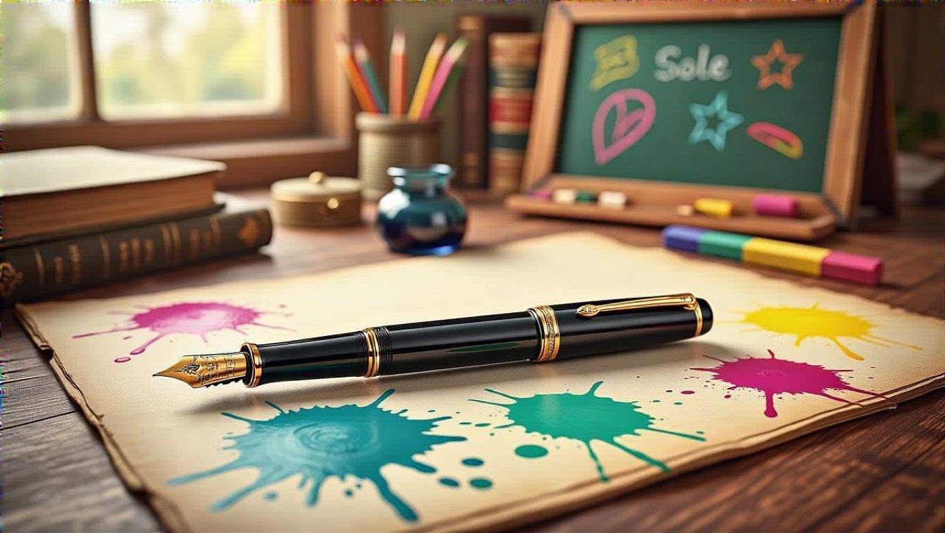 A töltőtoll piros tintafoltjai nosztalgikus emlékeket idéznek.