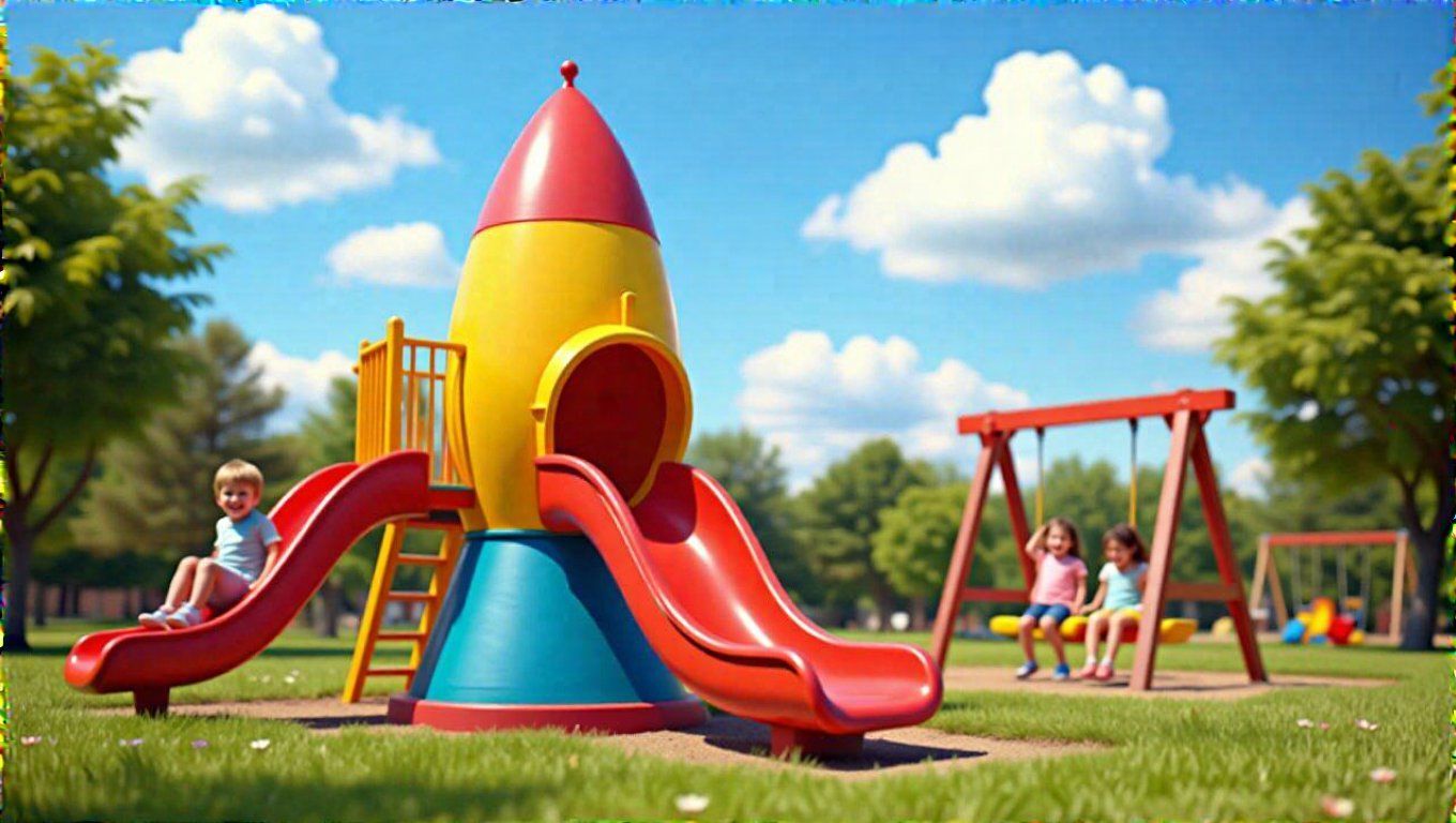 A rakétás mászóka játékos fantázia és közösségi élmények szimbóluma.