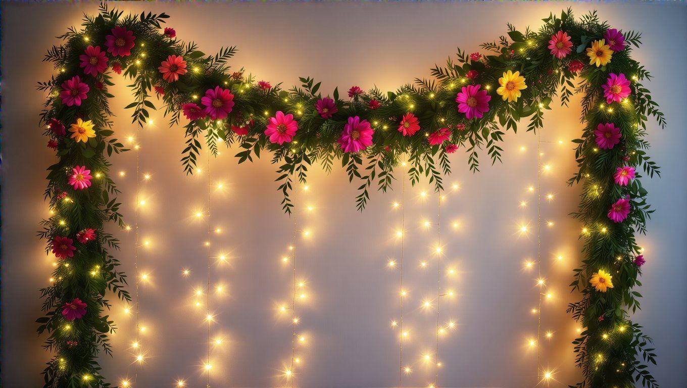 A fények varázsa kiemeli a girland díszítőelemeit.